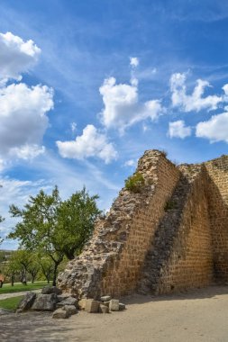 View at the Medieval fortress walls ruins and garden on medieval downtown city, in Miranda do Douro