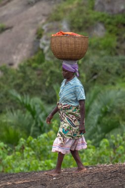 Sumbe / Angola - 02 25 2020: Geleneksel giysiler giymiş, Angola 'nın iç kesimlerinde kafasında hasır sepet taşıyan tipik Afrikalı yaşlı kadın görüntüsü