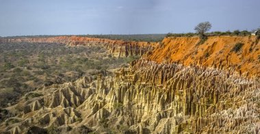 Bir insansız hava aracının hava görüntüsü, nadir jeolojik fenomenler, erozyonlu çamurlu uçurumlar, yerel olarak Angola 'da Miradouro da Lua olarak adlandırılan garip formlar.
