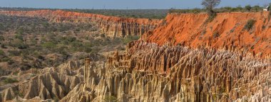 Bir insansız hava aracının hava görüntüsü, nadir jeolojik fenomenler, erozyonlu çamurlu uçurumlar, yerel olarak Angola 'da Miradouro da Lua olarak adlandırılan garip formlar.