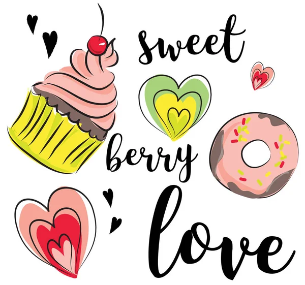 Conjunto de dulces y corazones . — Vector de stock