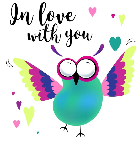 Valentines day card with cartoon owls. - Stok Vektor