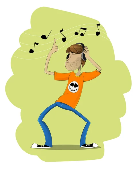 Lustiger Cartoon-Mann im T-Shirt tanzt und hört Musik — Stockvektor