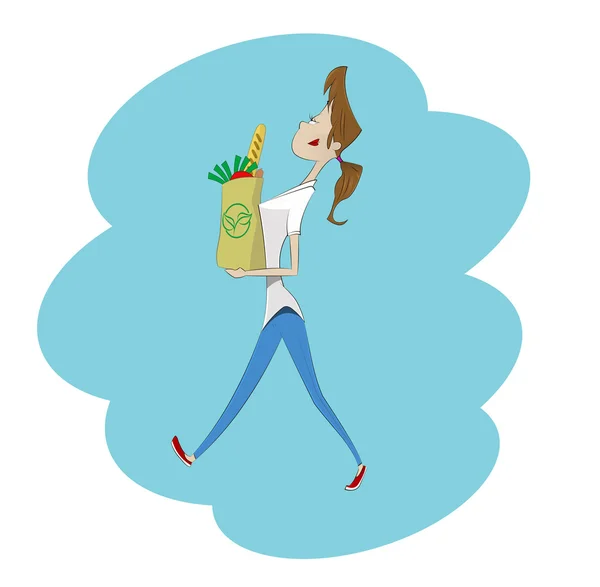 紙の買い物袋を持つ漫画女性 — ストックベクタ