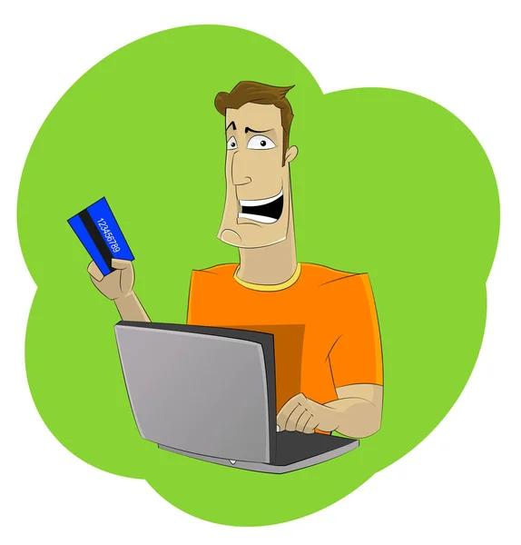 Cartoon man creditcard bedrijf en met behulp van laptop — Stockvector