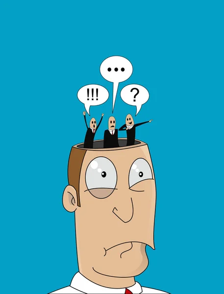 Karikatura člověka s různými myšlenkami v hlavě — Stockový vektor
