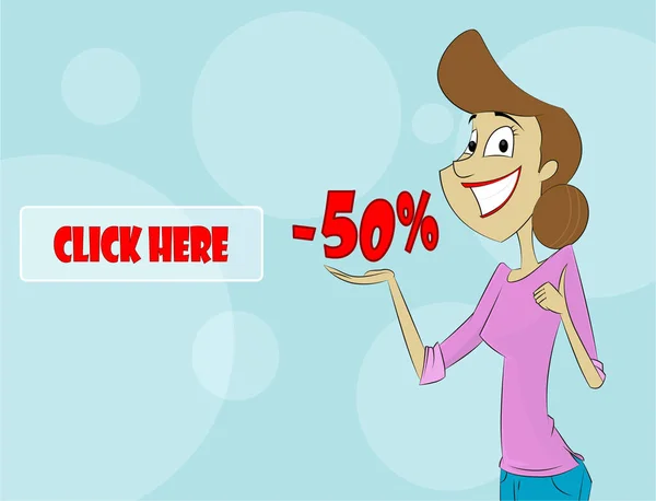 Мультфильм женщина показывает процент продаж — стоковый вектор