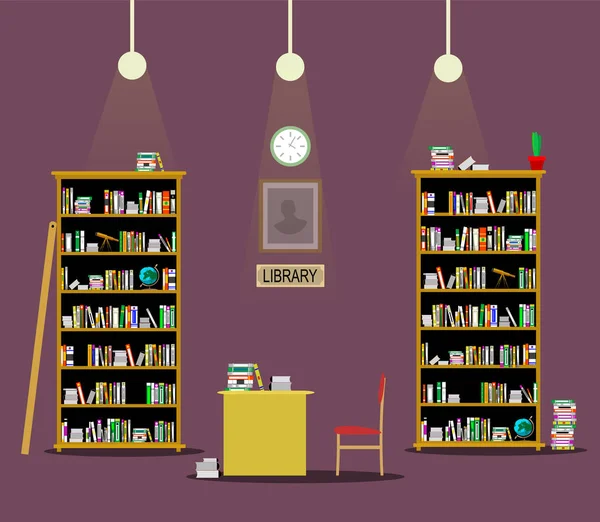 Biblioteca sala plana ilustração . — Vetor de Stock