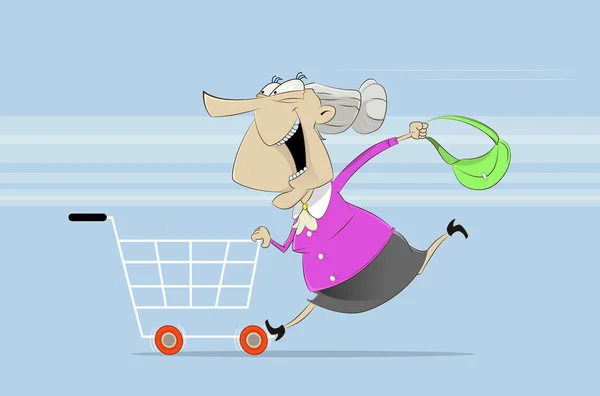 Fun old woman rides on shopping cart — Stock Vector