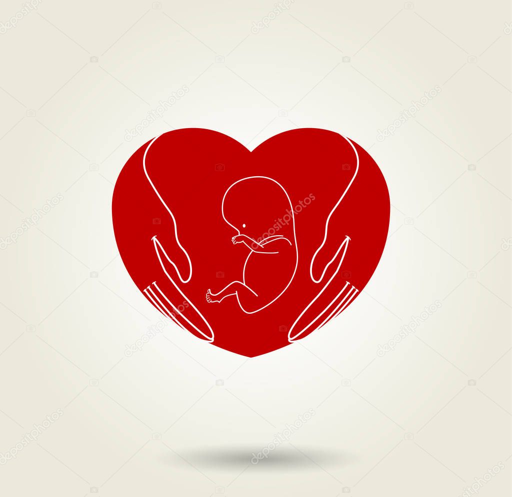 Conceptual symbol of hands protecting embryo