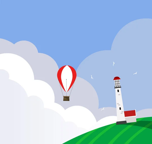 热气球飞越支承和灯塔 — 图库矢量图片
