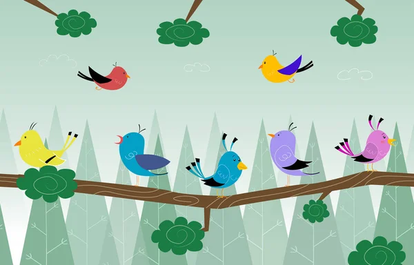 Cute ptaki kreskówki siedzi na gałęzi w lesie — Wektor stockowy