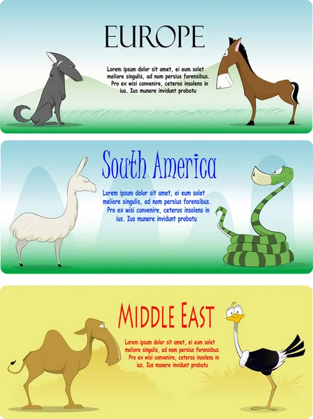 Set of vector cartoon animals from differnt continents — Stock Vector