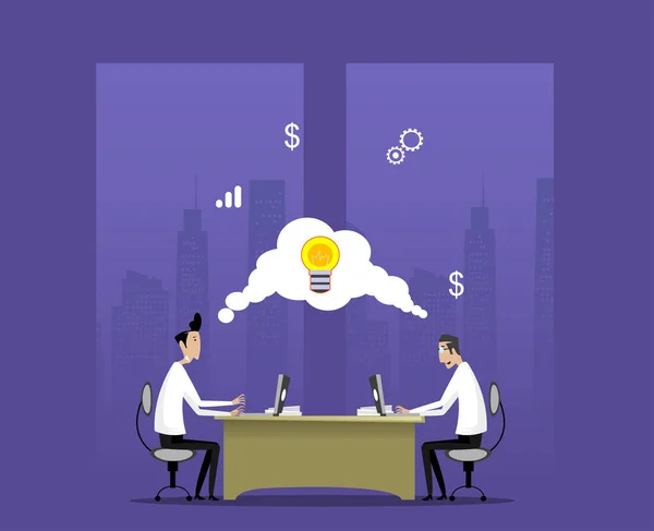 Two businessmen work in night office — Stock Vector