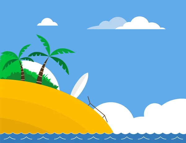 Playa tropical soleada con tabla de surf — Vector de stock