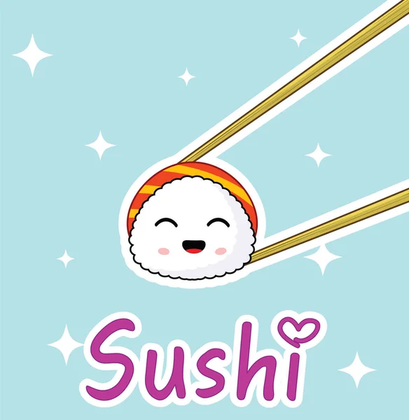 Chopsticks segurando bonito desenho animado sushi roll . —  Vetores de Stock