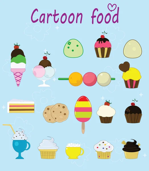 Set of cartoon cakes, pies, ice creams and other desserts. — Stock Vector