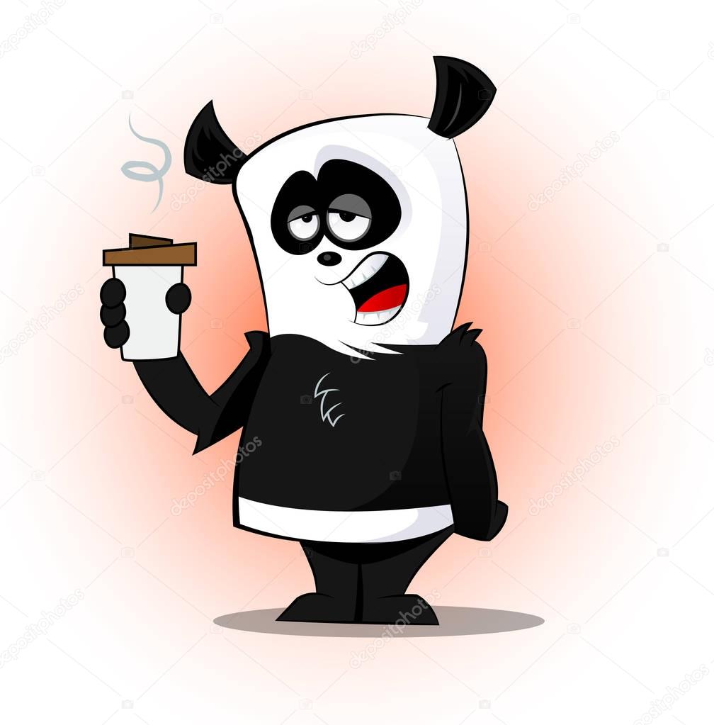 Cute cartoon sleepy panda with cup of coffee