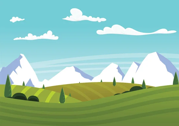 Paisaje de granja de dibujos animados con campos verdes — Vector de stock