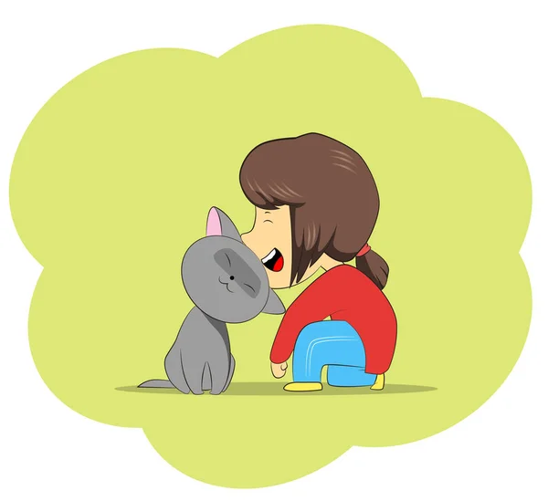 Κινούμενα σχέδια κορίτσι και γκρι γάτα — Διανυσματικό Αρχείο