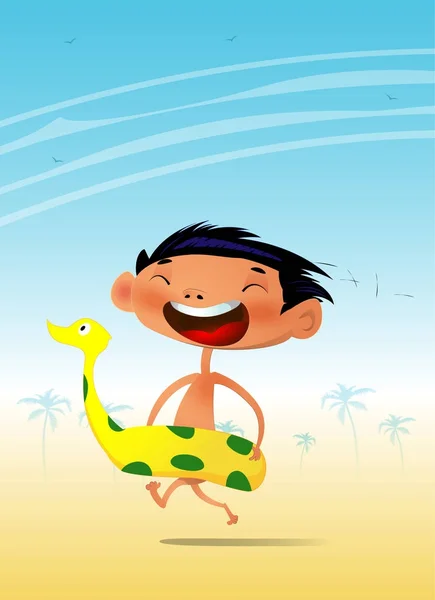 Cartoon boy have fun on the beach. — Stock Vector