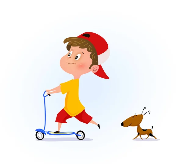 Ilustración de dibujos animados de un niño con patinete scooter — Vector de stock
