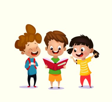 Açık kitap okuyan çocukların vektör illüstrasyonu