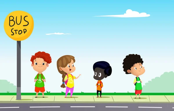 Niños esperando el autobús escolar. Ilutración vectorial de dibujos animados — Vector de stock