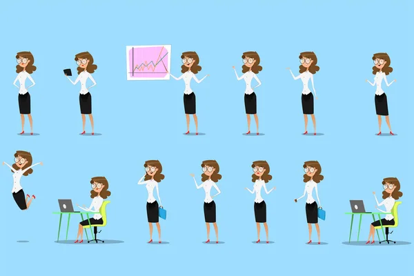 Uppsättning av affärskvinna i olika poser i färg — Stock vektor