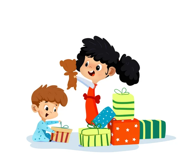 Cartoon Illustratie van twee kinderen met geschenken. — Stockvector