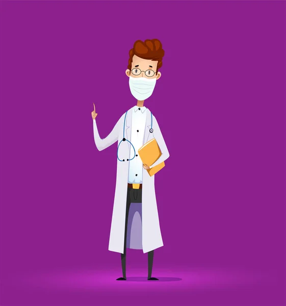Caricature médecin en laboratoire médical manteau laboratoire avec doigt vers le haut — Image vectorielle