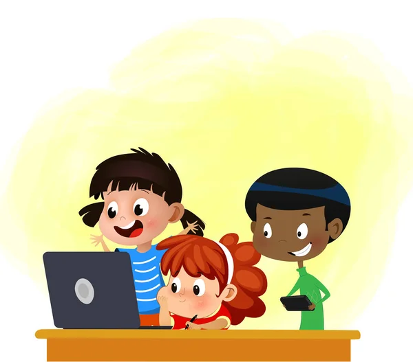 Дети друзья играют на ноутбуке дома вместе Стоковая Иллюстрация
