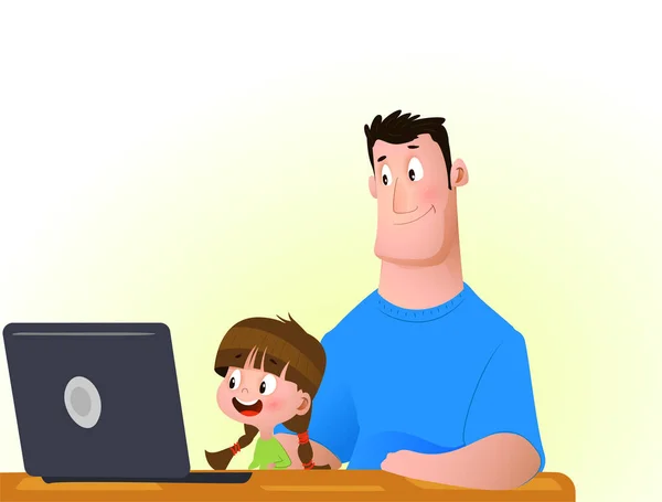 Jong meisje met vader op de computer — Stockvector