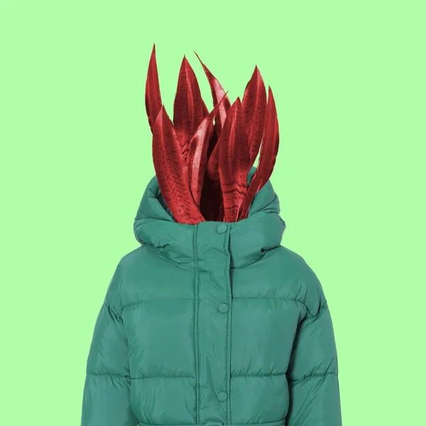 Fashion Art Kolase Wanita Dengan Jaket Dan Kepala Tanaman Kaktus — Stok Foto