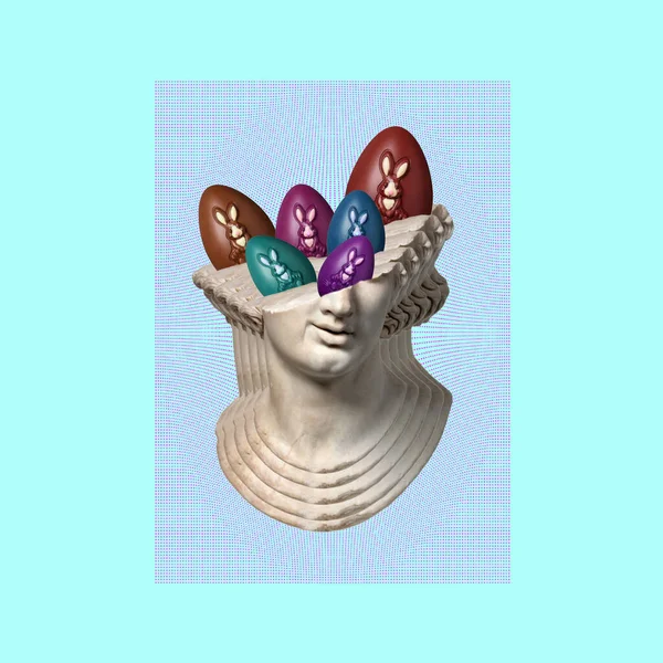 Contemporary art design. Chocolate easter eggs peeking from ancient sculpture face.