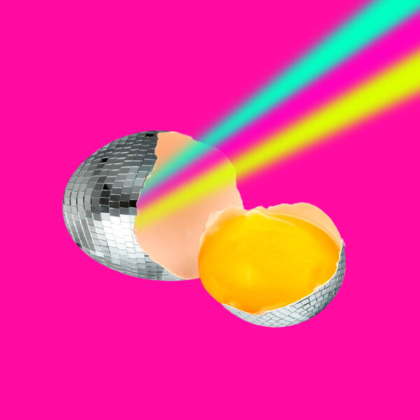 Contemporary Art Design Disco Ball Egg Peeking Rainbow Vibes Stock Photo