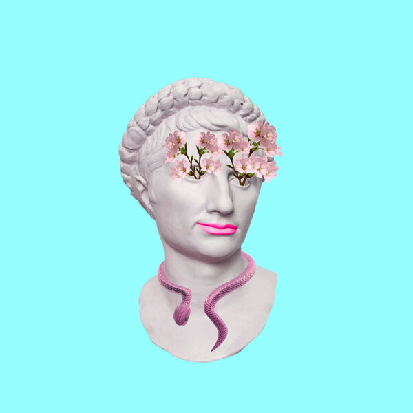 Contemporary Art Design Ancient Statue Head Flowers Eyes Stock Picture