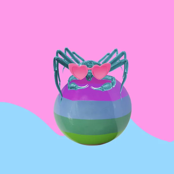 Contemporary Art Design Crab Wearing Sunglasses Sitting Plastic Beach Ball Stock Picture