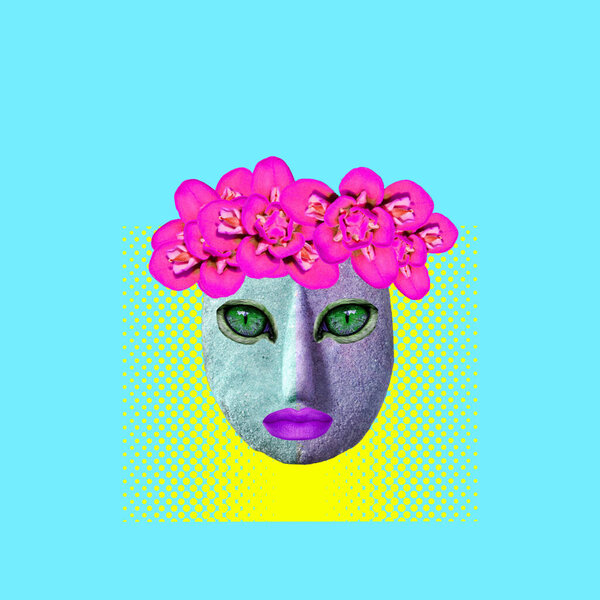 Contemporary Art Design Ancient Head Sculpture Eyes Lips Flowers Head Stock Photo