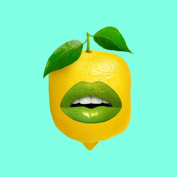 Funny art. Concept lemon with lips on green  color background.