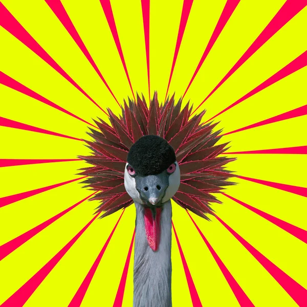 Grappige Kunst Concept Kraanvogel Kop Een Gele Achtergrond Rechtenvrije Stockafbeeldingen