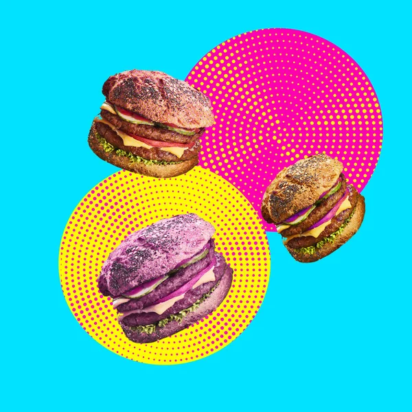 Kolase Seni Kontemporer Konsep Hamburger Latar Belakang Tekstur Berwarna — Stok Foto