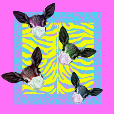 Çağdaş sanat kolajı. Yüz maskeli konsept geyikleri. 