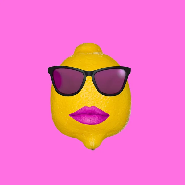 Contemporary Art Collage Concept Lemon Wearing Sunglasses Lips Pink Background — Stock Photo, Image