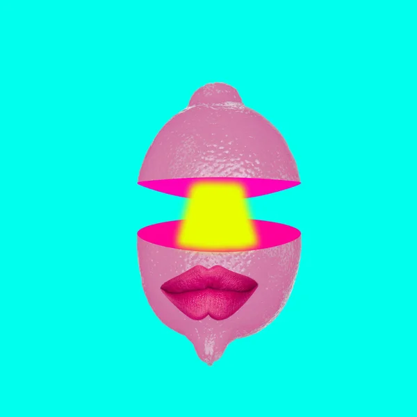 フルーツアート コンセプトピンクレモンと赤唇の青の背景 — ストック写真