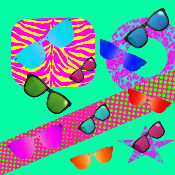 Contemporary Art Collage Concept Group Colorful Sunglasses Textured Background Stock Photo