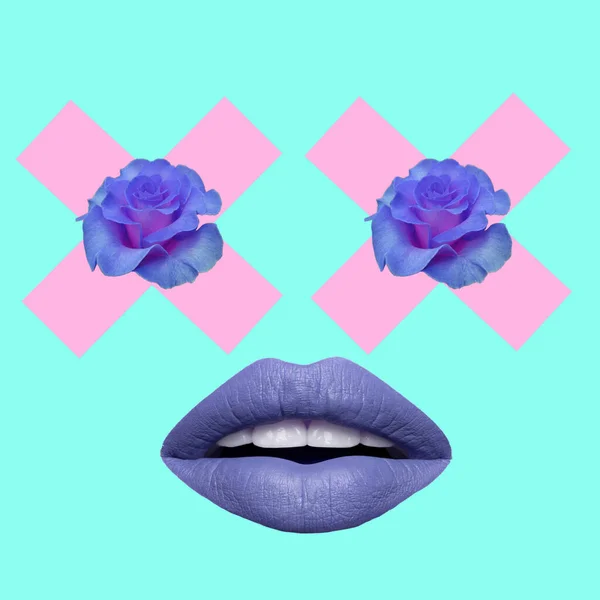 Contemporary Art Collage Concept Blue Roses Eyes Lips — Stock Photo, Image