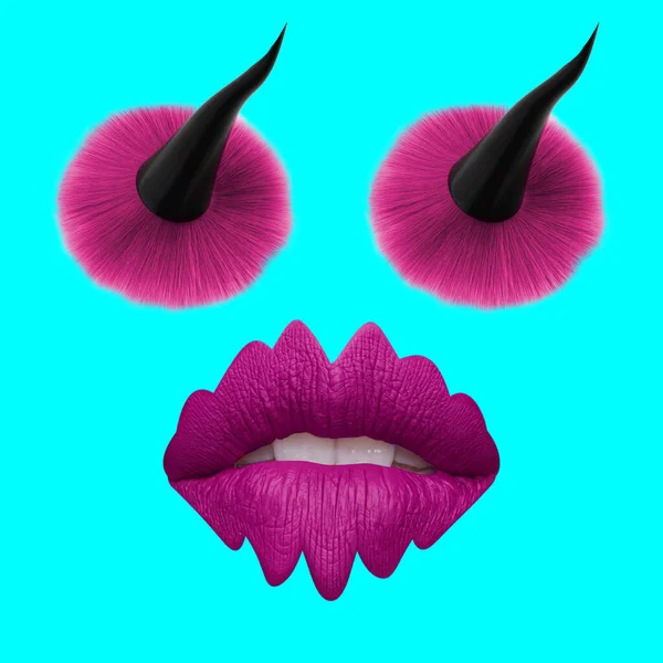 現代美術のコラージュ コンセプトは 目とピンクの唇としてブラシを作る — ストック写真