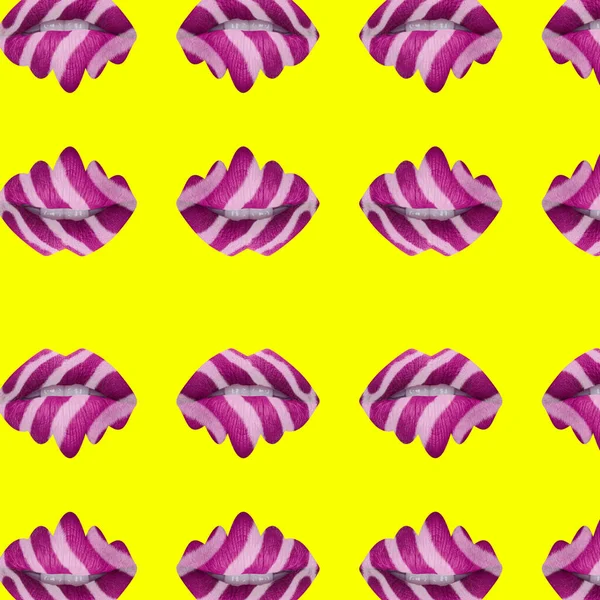 黄色の背景にピンクの唇のパターンのグループ — ストック写真