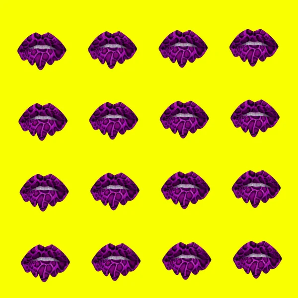 Group Pink Lips Pattern Yellow Background — Stock Photo, Image